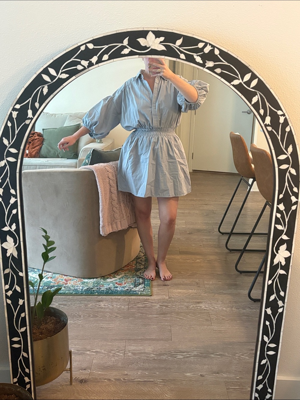 Light Blue Puff-Sleeve Mini Dress with Elasticated Waist